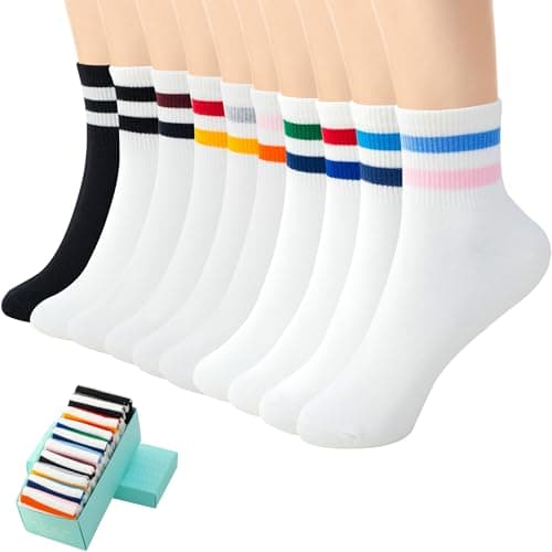 SISOSOCK Quarter Crew Cotton Socks for Women Striped Athletic Casual Breathable Socks 10 Pairs with Gifts Box - Image 1