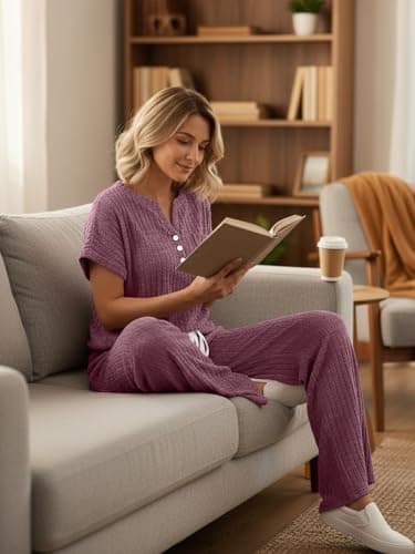 LILLUSORY Women 2 Two Piece Matching Lounge Sets 2026 Spring Summer Beach Vacation Clothes Pajamas Top Wide Leg Pants Sweat Suits Airport Travel Outfits Casual Sweatsuit Fashion Loungewear - Thumbnail 6