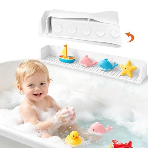 Bathtub Splash Guard, Silicon Bath Tub Toy Storage with Suction Cups, Water Splash and Spill Prevention Tub Edge Guard for Bathroom (White) - Image 1