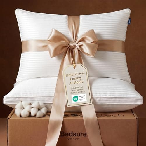 Bedsure Queen Size Bed Pillows Set of 2 - Hotel Quality Gusseted Down Alternative Pillow, 100% Cotton Cover PureWoven 300TC, Dual Chamber Fluffy Support Suitable for All Sleeping Positions - Image 1