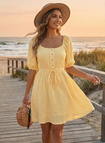 Dokotoo Dresses for Women 2026 Elegant Textured Tie Waist Button Backless Dress Short Lantern Sleeve Square-Neck Ruffle Summer Yellow Dress Plus Size A Line Dresses Small - Thumbnail 3