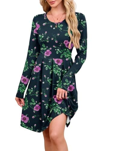 KORSIS Dresses for Women Casual Swing T-Shift Fall Long Sleeve Crewneck Pleated Babydoll High Waist Tunic Dress with Leggings Safflower M - Image 1