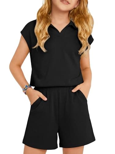 XMWEALTHY Girls Summer Outfits 2026 Lounge Short Sleeve Tshirts and Loose Fit Elastic Waistband Shorts Sets School Active Wear for Travel Vacations Running Black 13-14T - Image 1