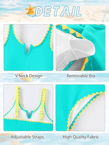 AMAWMW Girls Swimsuit One Piece Swimsuits Contrast Color V-Neck Bathing Suit Adjustable Straps Girls' Swimwear Cyan 11-12Y - Thumbnail 5