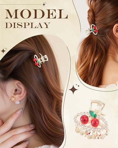 6PCS Rhinestones Cherry Small Hair Clips-Mini Claw Clips for Women, Metal Springs, Cute Hair Accessories for Updo and Half Up Styles (Oval Cherry) - Thumbnail 4