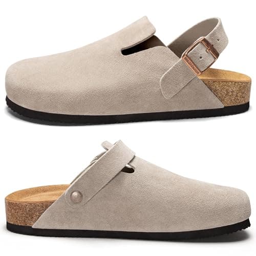 Brelzo Calvior Womens Suede Clogs Mens Leather Mules Arch Support Potato Shoes Slip On Slipper Sandals with Adjustable Buckle for Outdoor Use, Tan Size 12 - Thumbnail 6