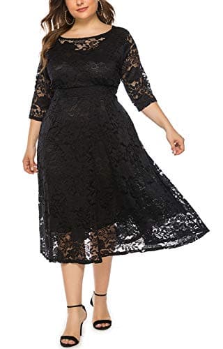 Eternatastic Womens Scooped Neckline Floral lace Top Plus Size Cocktail Party Midi Dress XL Black - Thumbnail 5
