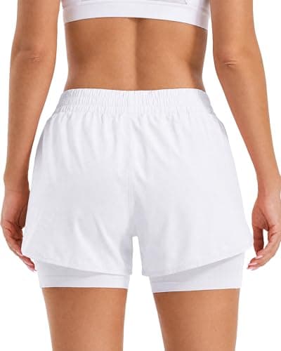 Stelle Women 2 in 1 Running Shorts High Waisted Athletic Shorts Gym Workout Shorts with Liner Zipper Pockets (White,XS) - Thumbnail 4