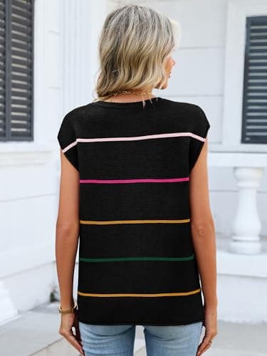Bellcoco Womens Cap Sleeve Summer Tops Striped Sweater Vest Lightweight Casual Crewneck Loose Knit Pullover Tank Top Beach Vacation Outfits Black S - Thumbnail 4