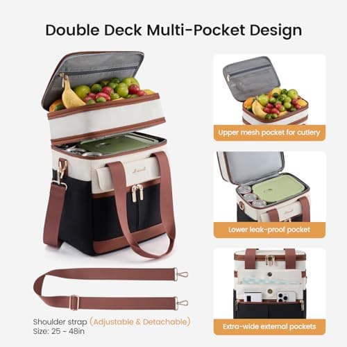 LOVEVOOK Insulated Lunch Bag Women Men,Expandable Double Deck Lunch Box for Women With Large Cup Holder,Leakproof Cooler Bag For Adult Lunch Tote Bag Work Picnic Beach with Adjustable Shoulder Strap - Thumbnail 5
