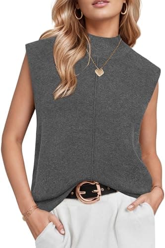 Arach&Cloz Womens Spring 2026 Sweater Vest Business Casual Outfits Work Tank Tops Mock Neck Sleeveless Turtleneck Cashmere Knit Dressy Clothes Dark Grey M - Image 1