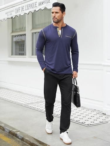 Hardaddy Men's Color Contrast Henley Shirt Long Sleeve Button T-Shirt Lightweight Henley Tshirt for Men Basic Pullover Shirt with Pocket Navy Blue XXL - Thumbnail 4