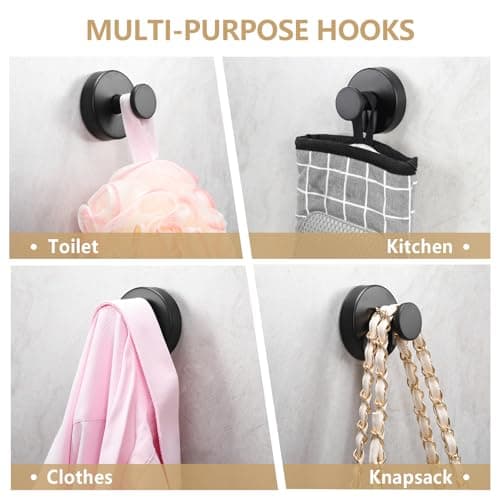 MNGD Towel Hook Shower Suction Hooks Towel Hanger for Bathroom Hanging Coat, Robe, Removable Wall Mounted Hook for Bedroom Kitchen Hotel Pool Matte Black(2-Pack) - Thumbnail 3
