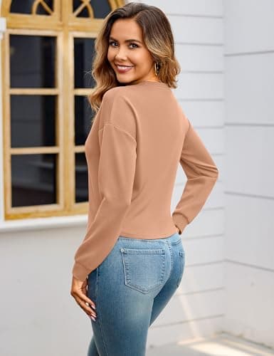 Totatuit Women Cute Crop Long Sleeve T Shirts Casual Loose Drop Shoulder Crewneck Sweatshirts for Workout Hiking Basic Tee Peachy Pink XX-Large - Thumbnail 5