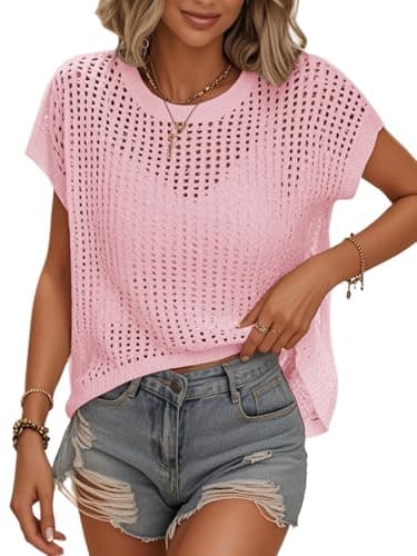 Bellcoco Crochet Tops for Women Summer Vacation Outfits Beach Cover Ups Cute Hollow Out Pullover Sweater Vest Cap Sleeve Clothes 2026 Baby Pink X-Large - Image 1