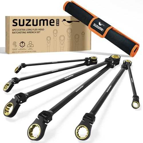 SUZUME Extra Long Flex Head Ratcheting Wrench Set 6PCS (8-19mm) Double Box End Metric EVA Foam 180° Flexible Head 15K Gear Cycles Tested Black Chrome Finish CR-V Steel for Tight Engine Bays with Pouch - Image 1