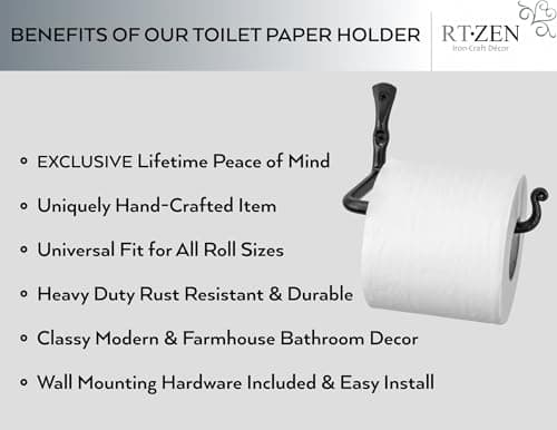 RTZEN Bathroom Toilet Paper Holder - Handcrafted Rustic Wrought Iron Wall Decor Toilet Roll Holder - Black Matte Wall Mount Bar for Modern Farmhouse Bathroom Decor - Thumbnail 2