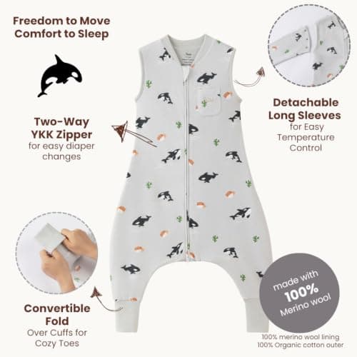 AnZai Merino Wool & Organic Cotton Toddler Sleep Sack with Feet – Removable Sleeves, Wearable Blanket with Legs (Grey Orca Dreams, 3-4 T) - Thumbnail 4