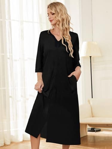 PITINAN House Dress for Women Zipper Front Robes Short Sleeve Nightshirt Zip Front Bathrobe Nightwear Mumu Dresses House Dress With Pockets Black XL - Thumbnail 4