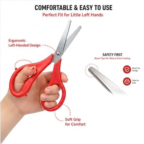 5.5" Left-Handed Kids Scissors, 6-Pack – Red Safety Scissors with Stainless Steel Blades & Soft Grip – Blunt Tip for Toddlers, Preschool, Home & School - Thumbnail 3