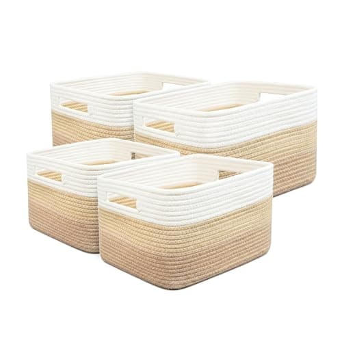 LskoYtsa 4 sets of hand-woven cotton rope storage boxes, suitable for toys, books, clothes, bathrooms, car trunks used for organizing decoration, Khaki color Two 16x14x7 in two 14x10x7in