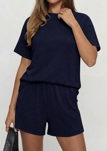 KIRUNDO 2 Piece Sets for Women Summer Shorts Lounge Set Matching Ribbed Knit Short Sleeve Top Airport Travel Vacation Outfits(Navy, XX-Large) - Thumbnail 4