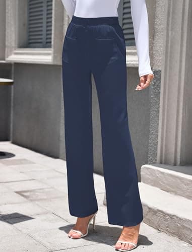 ZAFUL Womens Wide Leg Pants High Waisted Casual Pants for Women Stretchy Business Dress Work Pocket Trousers Pant Navy Blue M - Thumbnail 4