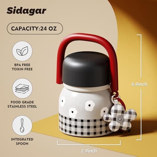 Sidagar 24 oz Insulated Food Jar with Handle, Aesthetic Stainless Steel Vacuum Lunch Container for School Office, Keep Hot/Cold Soup, Oatmeal, Smoothie Bowl, Retro Bloom Red - Thumbnail 2