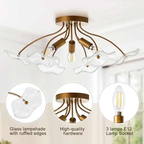 Luvkczc Semi Flush Mount Ceiling Light, Modern Gold Ceiling Light Fixture, Vintage Brass Lighting for Kitchen Entryway Hallway Bathroom Bedroom Foyer, 3 Light E12 Socket - Thumbnail 3