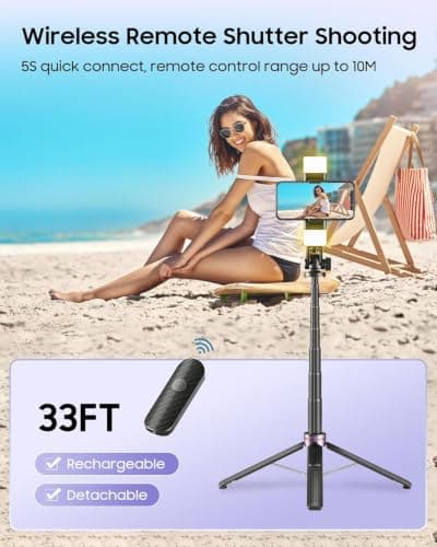 ACKIMA 53'' Selfie Stick Tripod with Light, Enhanced 4-Leg Cell Phone Stand Camera Tripod with Rechargeable Wireless Remote & 2 Fill Light, Portable Selfie Stick Travel Essentials for iPhone Android - Thumbnail 5