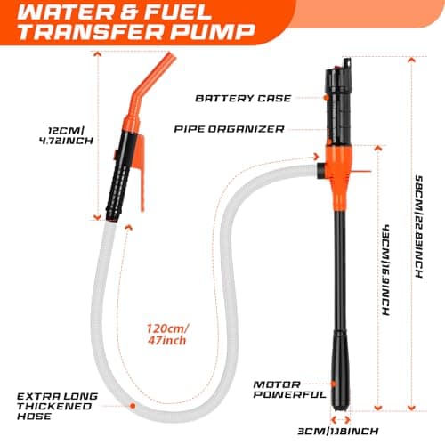 Electric Fuel Transfer Pump, 2.4 GPM Portable Fluid Transfer Siphon Pump with Oil Pipeline, Battery Gas Pumps with 47 Inches Hose &Gloves for Car/RV(Orange) - Thumbnail 4