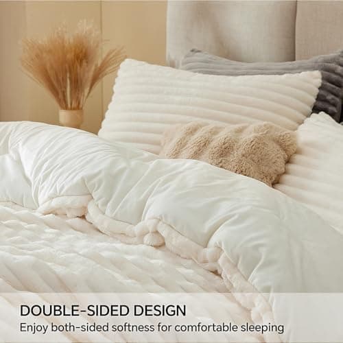BEDELITE Fleece Full Comforter Set -Super Soft & Warm Fluffy Cream White Bedding, Luxury Fuzzy Heavy Bed Set for Winter with 2 Pillow Cases - Thumbnail 4