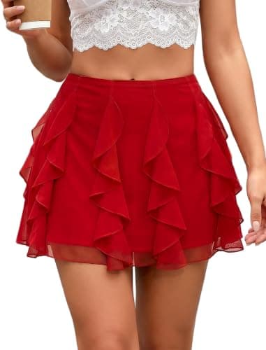 Avidlove Mini Skirts for Women Flowy Hem Ruffled Skirt Festival Night Out Gathering Red S - Image 1