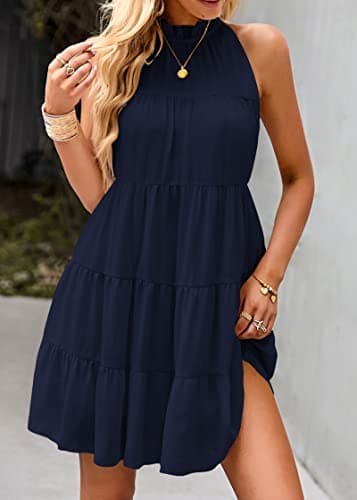 KIRUNDO Summer Sundresses for Women Spring Halter Flowy Babydoll Tiered Pleated Beach Wedding Guest Vacation Cruise Dress (Navy, Small) - Thumbnail 6