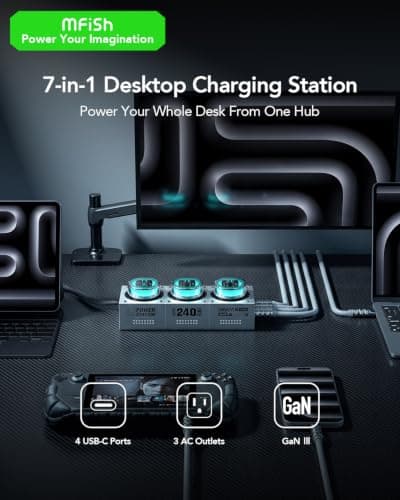 MFish 240W GaN Desktop Charging Station - RGB Gaming Power Hub with PD 3.1 Fast Charging, 7-in-1 Multi-Device Charger (3 AC Outlets + 4 USB-C Ports) for MacBook Pro, Gaming Setup & Creator Workstation - Thumbnail 2