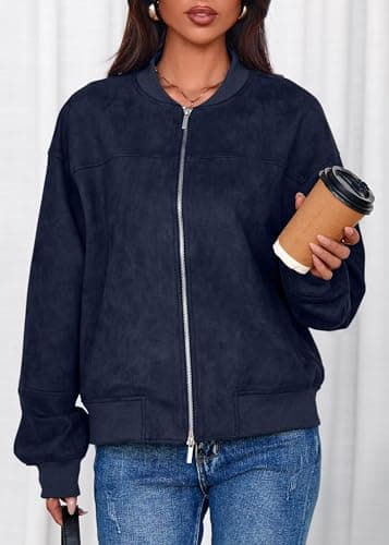 Lazysmile Women's Faux Suede Bomber Jackets Fall Fashion Outfits Winter Clothes Stand Collar Zip Up Coats Outwear with Pockets - Thumbnail 4