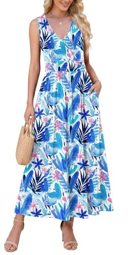 WEACZZY Women's Maxi Dress Sleeveless V Neck Sundress Cocktail Long Dresses with Pockets,Blue Rainforest,Large - Image 1