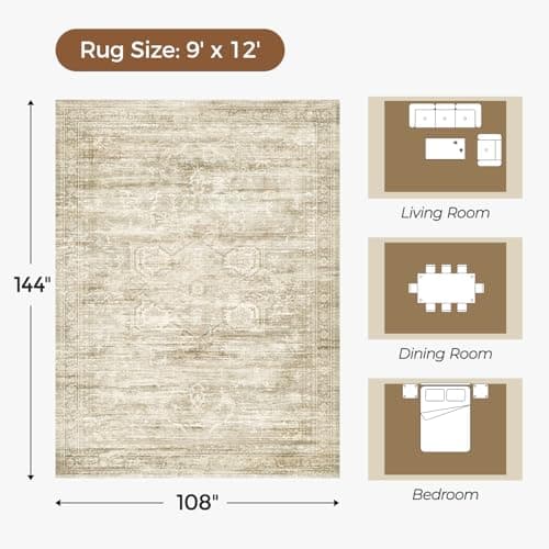 Carpelux Large Area Rugs 9x12 Living Room, Washable Soft Faux Wool Carpet for Bedroom Dining Room, Neutral Vintage Distressed Non Slip Stain Resistant Beige Rug for Office Decor - Thumbnail 2