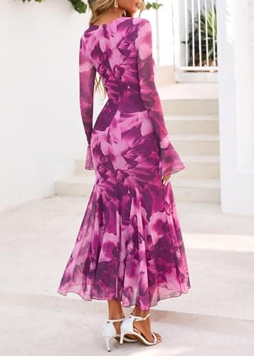 Lazysmile Women's Long Sleeve Floral Maxi Dresses Fall Formal Crewneck Bodycon Mesh Ruffle Wedding Guest Cocktail Party Dress Purple - Thumbnail 2