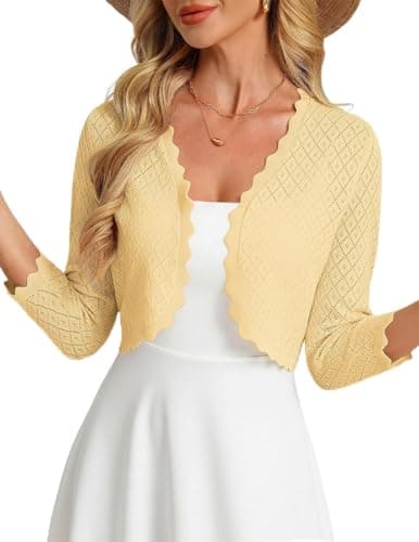 GRACE KARIN Yellow Cropped Cardigan for Women Summer Crochet Cardigan Lightweight 3/4 Sleeve Bolero Shrug for Dress(Light Yellow,L) - Image 1