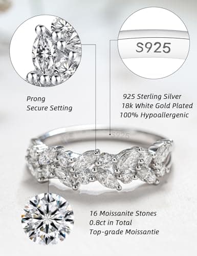 IMOLOVE Moissanite Wedding Bands for Women, Trendy 0.8 Carat Marquise Eternity Wedding Band Everyday Fashion Silver Moissanite Rings for Women with 18K White Gold Plated Size 9 - Thumbnail 2