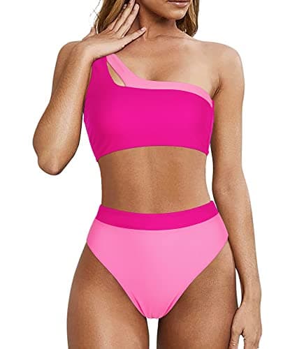 MOOSLOVER Women Cutout One Shoulder High Waisted Bikini High Cut Two Piece Swimsuits(XL,Pink Rose) - Image 1