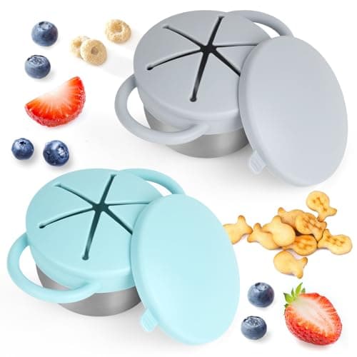 Daximo 2 Pack Snack Cups for Toddlers Spill Proof - Detachable Stainless Steel Toddler Snack Cups with Silicone Lids & Handles - Dishwasher Safe Baby Snack Containers (Light blue and Light grey) - Image 1