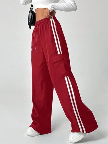 ZAFUL Womens Parachute Pants Y2K Wide Leg Cargo Sweatpants Drawstring Waist Jogger Pants with Pockets 2-Red L - Thumbnail 6