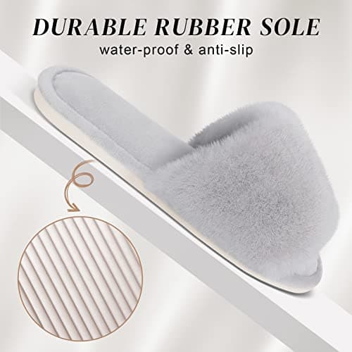 Parlovable Women's Faux Fur Slippers Fuzzy Flat Spa Fluffy Open Toe House Shoes Indoor Outdoor Slip on Memory Foam Slide Sandals Grey 9-10 - Thumbnail 4