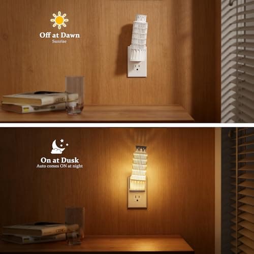 JandCase Night Lights Plug into Wall,3D Printed Leaning Tower of Pisa Night Light,3000K Plug in Nightlight with Dusk to Dawn Sensor,0-100LM Adjustable Brightness for Rooms Bathroom Hallway - Thumbnail 3