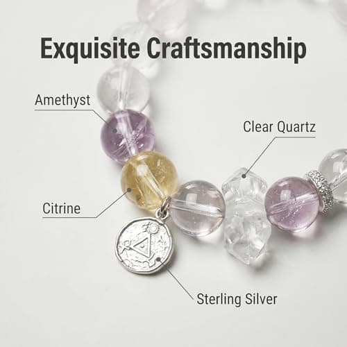 ANNIE WU Natural Amethyst Clear Quartz Citrine Crystal Bracelet, 925 Sterling Silver Accents, Adjustable 17-19cm, Healing Energy Jewelry for Women, Gift Box Included - Thumbnail 3