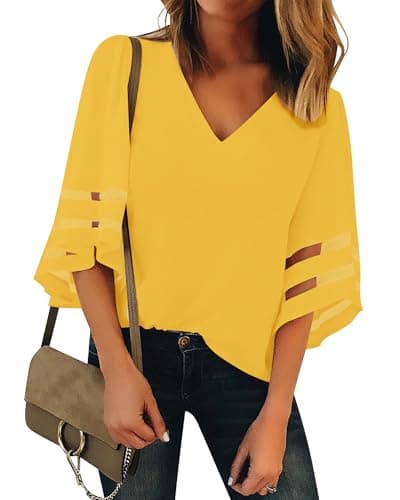 LookbookStore Women Vneck Mesh Panel Work T Shirts for Women V Neck Casual 3/4 Flared Bell Sleeve Blouse Dressy Casual Top Loose Business Office Blouse Tops Gold Lemon Size Large