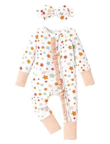 PATPAT Baby Girl Infant Clothes Footie – Soft Viscose from Bamboo, Stretch Feel – 2-Way Ruffled Zipper, Fold-Over Mittens & Cuffs Little Stars 6-9 Months - Image 1