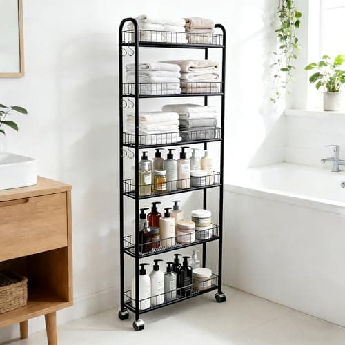 Seadasyoon 6in 6 Tier Slim Storage Cart with Wheels, Narrow Space Rolling Shelving Unit, Metal Wire Mobile Organizer Rack for Kitchen Bathroom Office Laundry - Thumbnail 4
